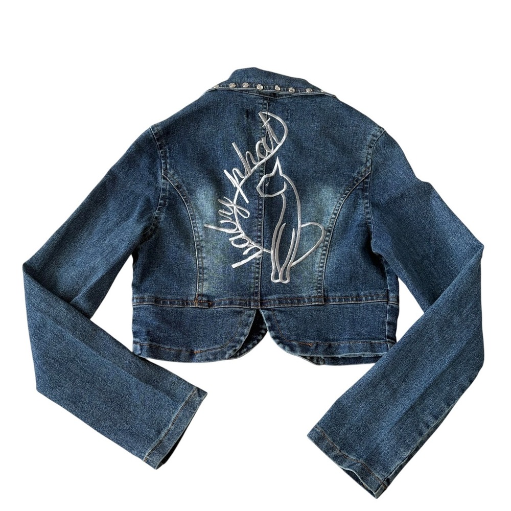 Baby Phat Kids Denim Jacket Studded Cropped Bolero Blue Sz 5-6 Y2K Cat Logo Stud
